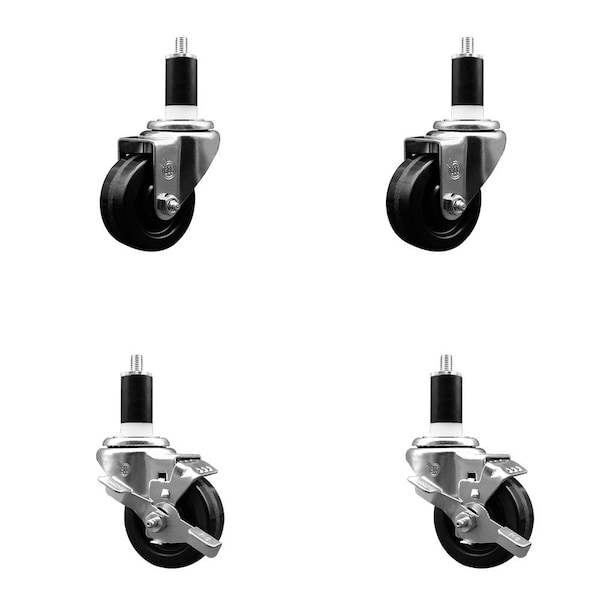 3'' Phenolic Wheel Swivel 1-3/8'' Expand Stem Caster Set 2 Brakes, 4PK